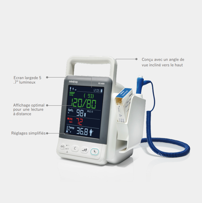 Pack complet: Moniteur de constantes VS600 + Chariot +Rallonge PNI et SpO2 + Capteur SpO2 + Brassard