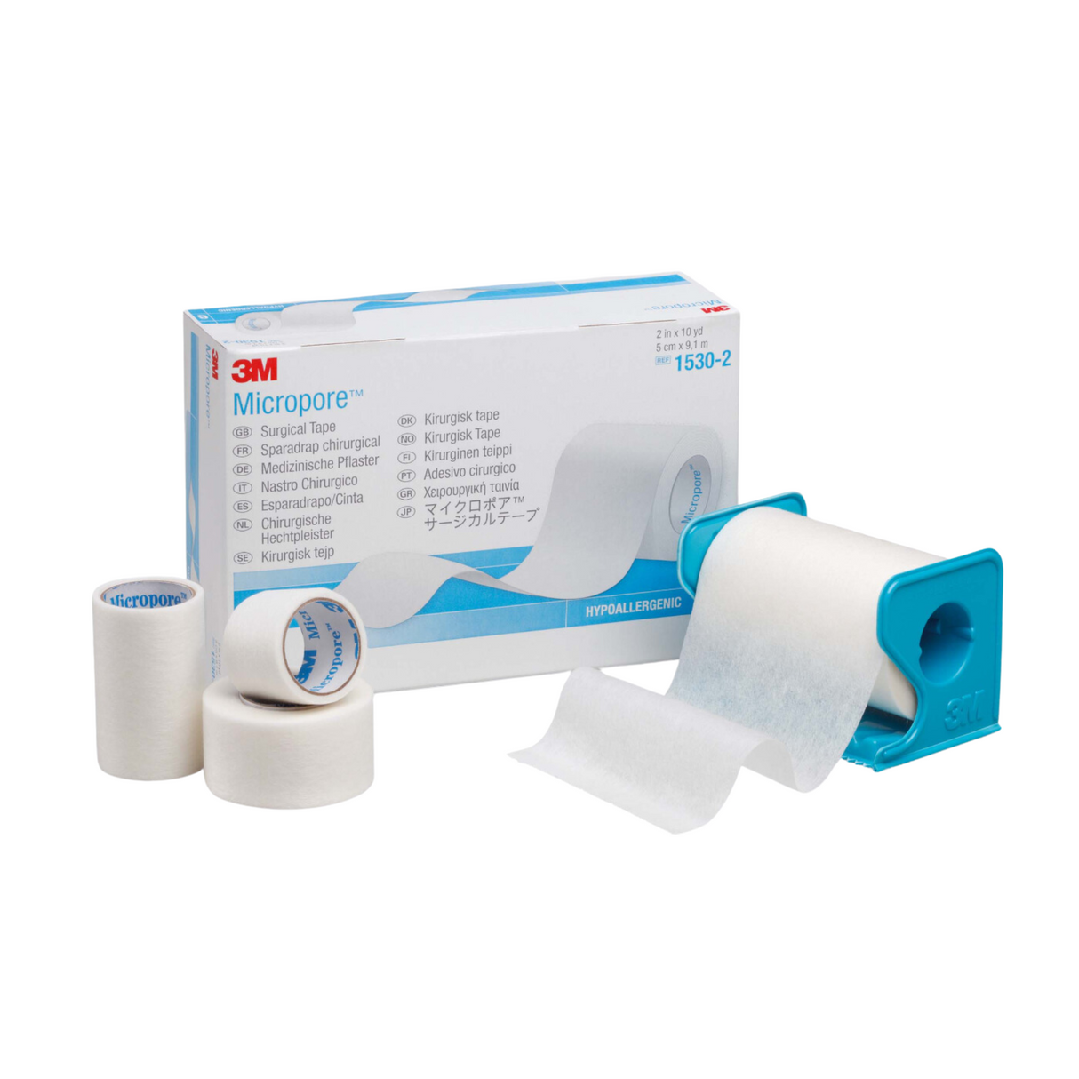 Sparadrap microporeux hypoallergénique 3M Micropore - Dim 9,14 m x 2,5 cm. Boîte de 12 rouleaux avec dévidoirs