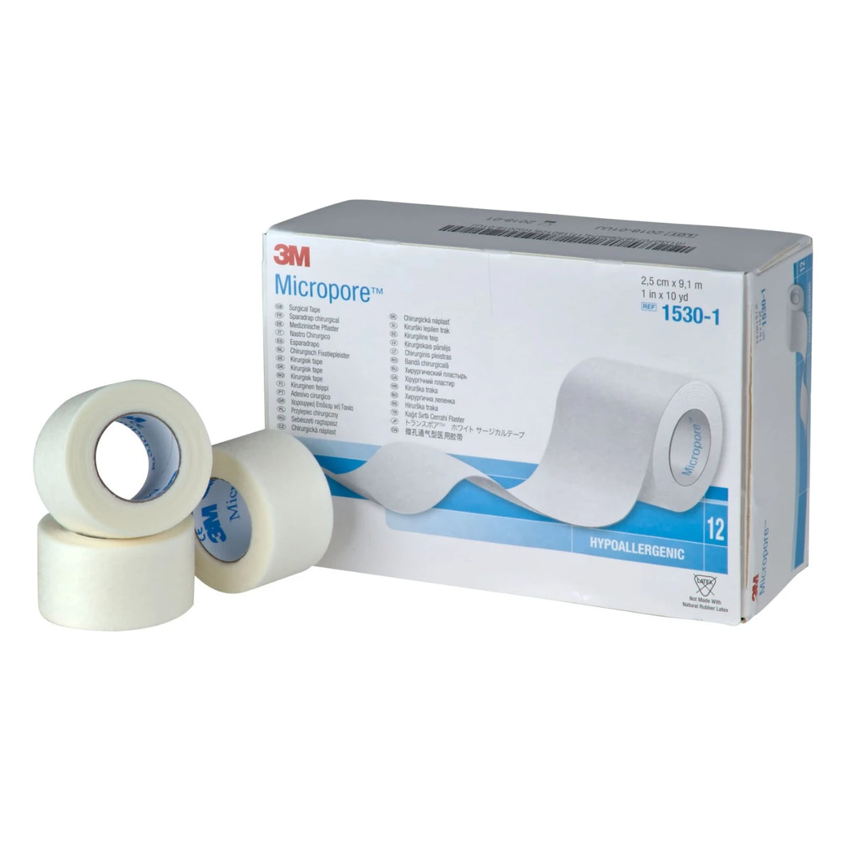 Sparadrap microporeux hypoallergénique 3M Micropore - Dim 9,14 m x 2,5 cm. Boîte de 12 rouleaux Sans dévidoir