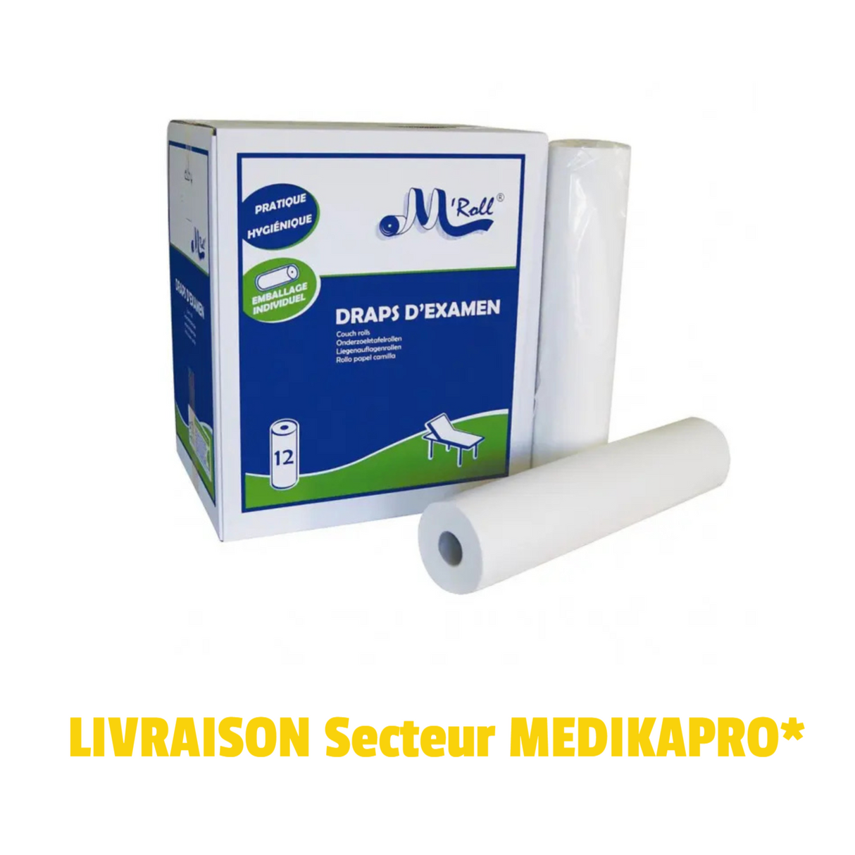 Draps d'examen LISSES ouatés - 50x35 - 135 formats - Carton de 12 rouleaux