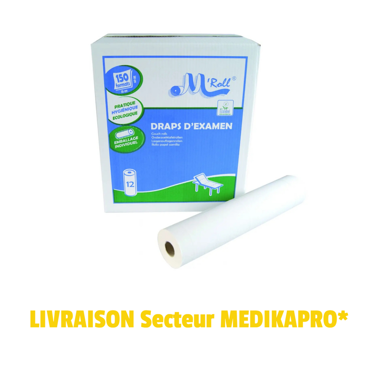 Draps d'examen Ecolabel Lisses -150 formats - Carton de 12 rouleaux