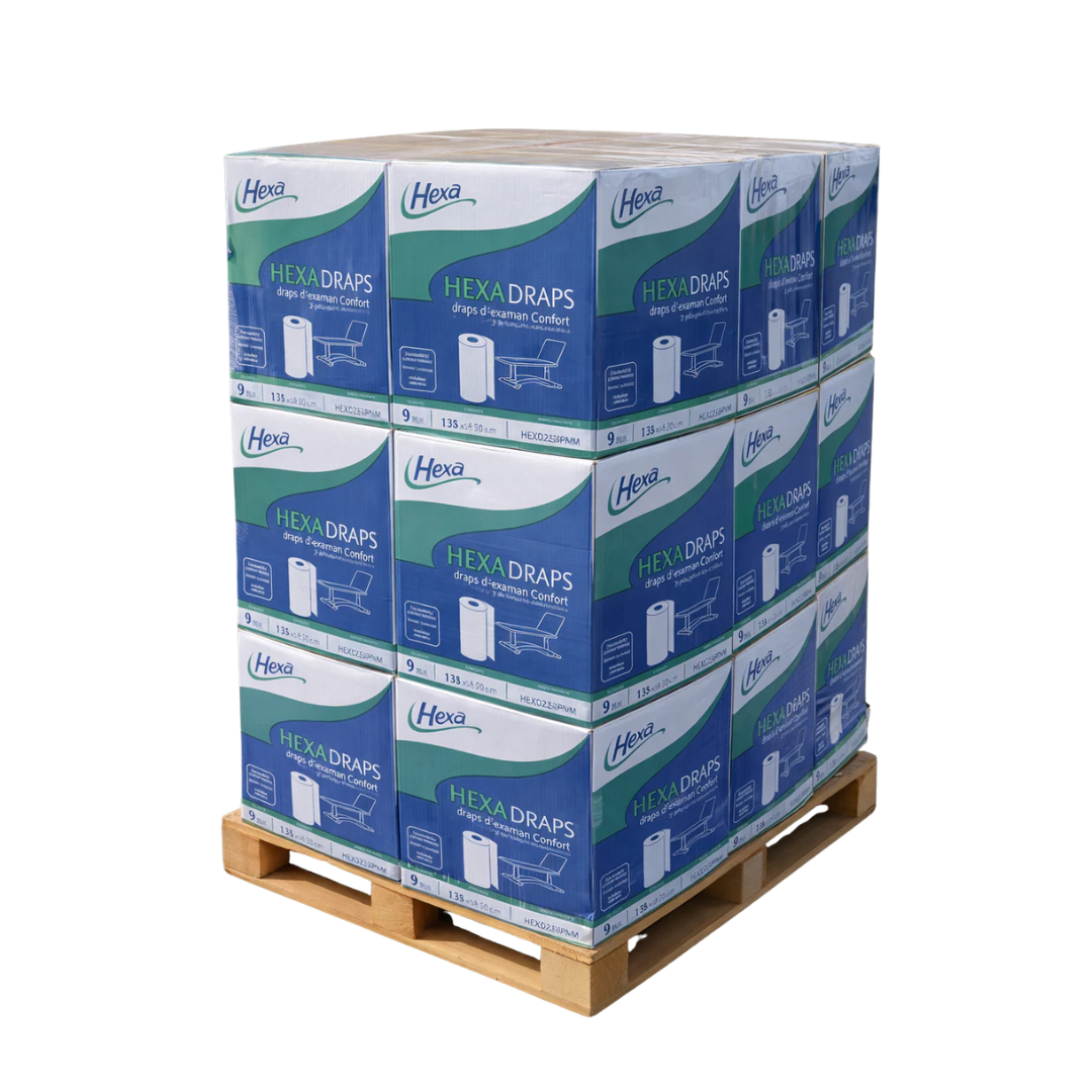 Palette de 14 cartons de Draps d'examen Gaufrés - 50x35 - 135 formats - 9 rouleaux