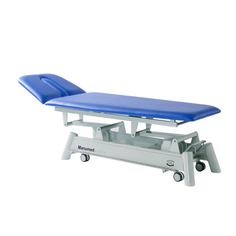 Table électrique MANUMED Optimal 2 plans avec Petite Tetiere et trou visage oblong - bleue

