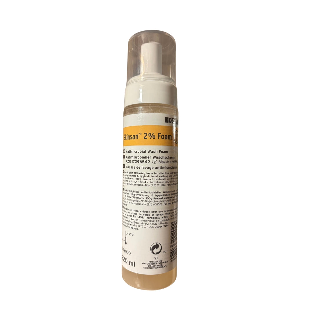Mousse antimicrobienne sans rinçage - 2% de chlorhexidine - Skinsan - Date Dépassée